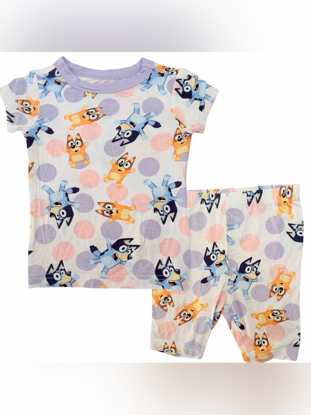 Short Sleeve Kids Pajama Set with Cartoon Print in Lavender and Pastel Dots
